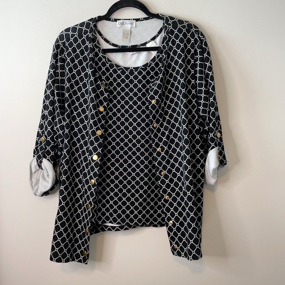 D&D Lifestyle Top Set Women's L Black Geometric Button Front Tank 2 Piece